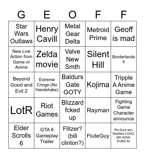 Game Awards 2k23 Bingo Card