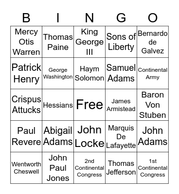 People of the American Revolution Bingo Card