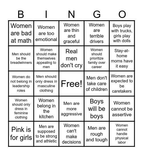 Gender Roles Bingo Card