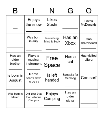 YEAR 10 HUMAN BINGO Card