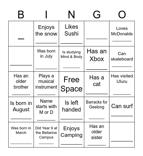 YEAR 10 HUMAN BINGO Card