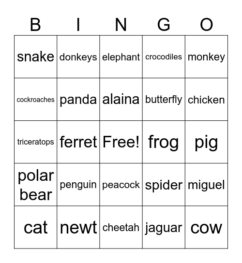 animals Bingo Card