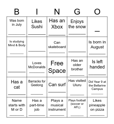 YEAR 10 HUMAN BINGO Card