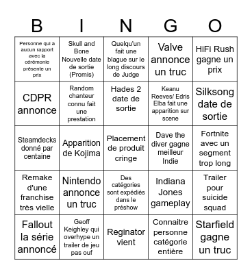 Game Awards 2023 Bingo Card