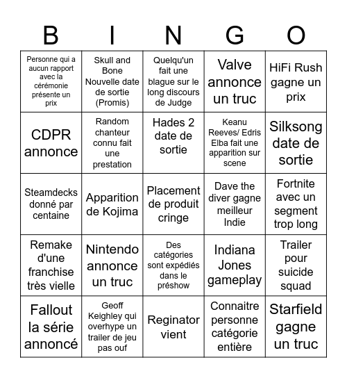 Game Awards 2023 Bingo Card