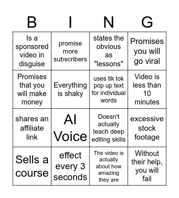 Video Editing Tutorial Youtube Video Bingo Card