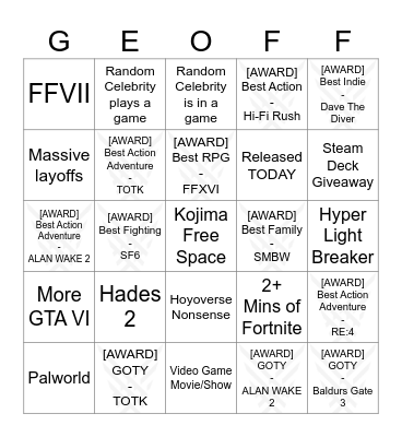 GAME AWARDS BINGO Card