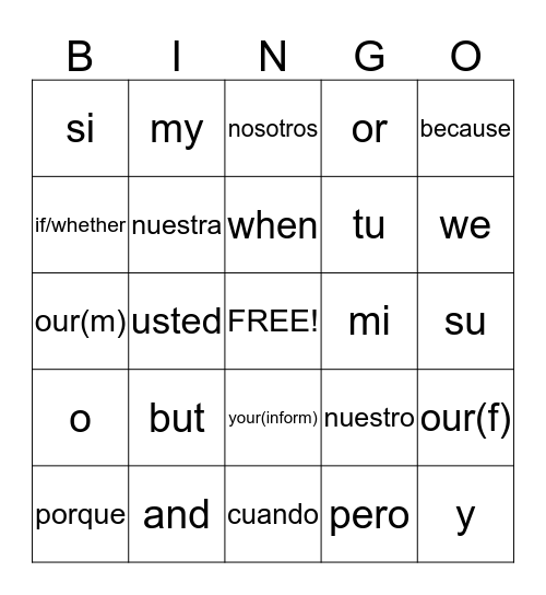 Possessive Pronouns/Conjunctions Bingo Card
