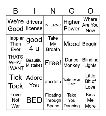 Tops Songs of 2021 Bingo Card