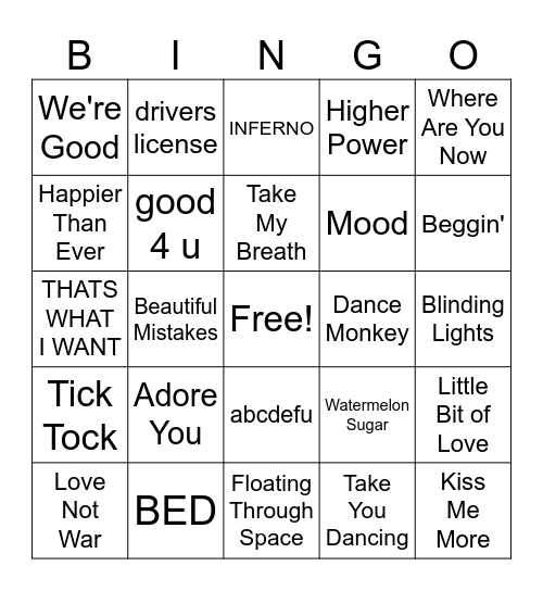 Tops Songs of 2021 Bingo Card