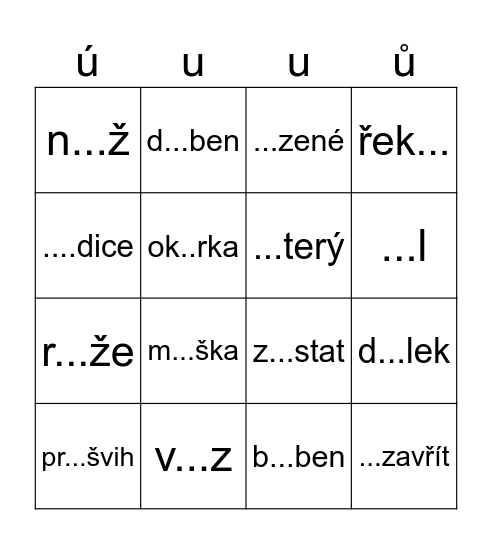 Doplňování ú, u, ů Bingo Card
