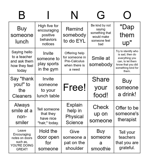 Mr. Sylvester's Kindness Card Bingo Card