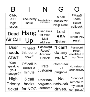 Call Center Bingo Card