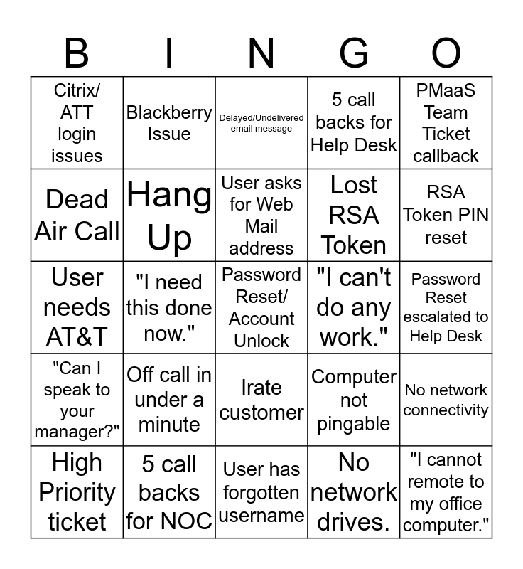 Call Center Bingo Card