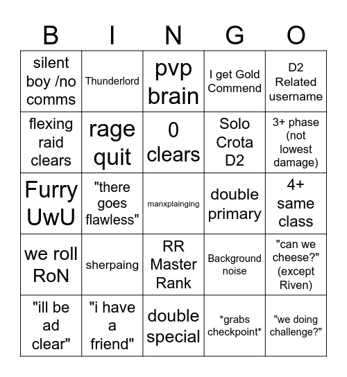 D2 LFG Bingo Card