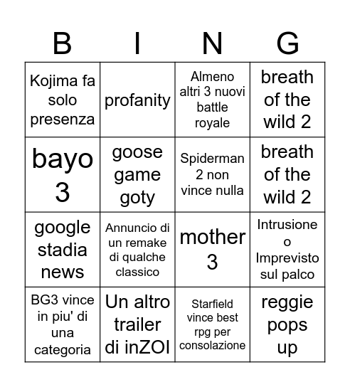 TGA 2023 SabakuNoTelegram Bingo Card