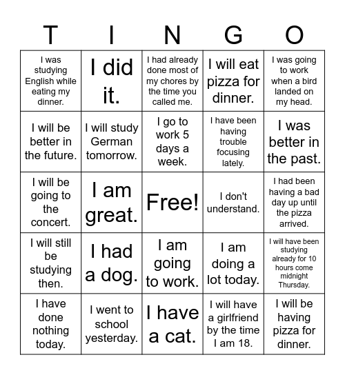 12 Tenses: to be, to have, to do, to study, to go Bingo Card
