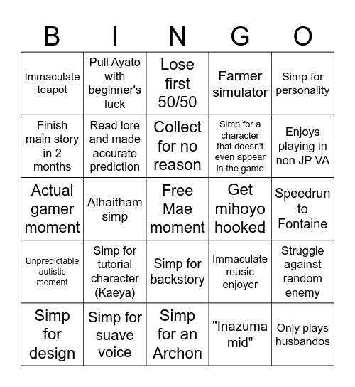 Bingo Mae Simp - Genshin Edition - Easy Bingo Card