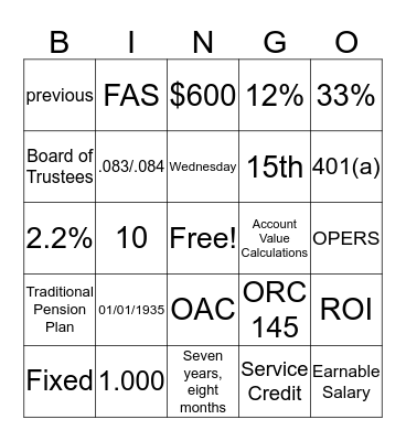 Service Credit/FAS/Account Value Bingo Card