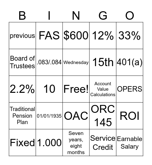 Service Credit/FAS/Account Value Bingo Card