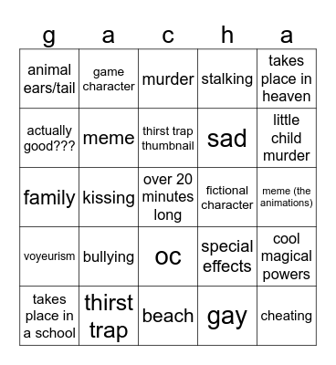 gacha tiktok compilation bingo Card