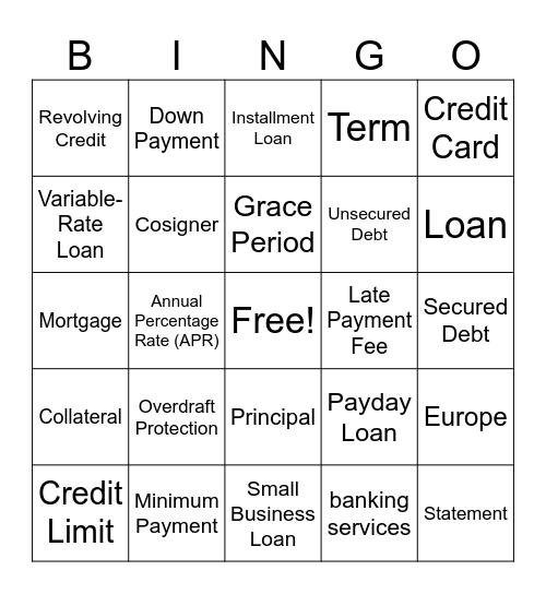 General Finance Terms Bingo Card