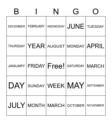 ASL CALENDAR WORDS Bingo Card