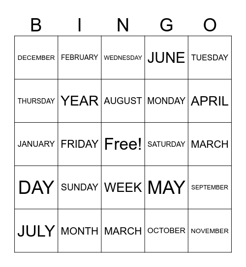 ASL CALENDAR WORDS Bingo Card