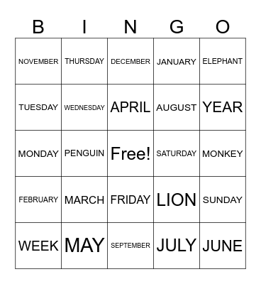 ASL CALENDAR WORDS Bingo Card