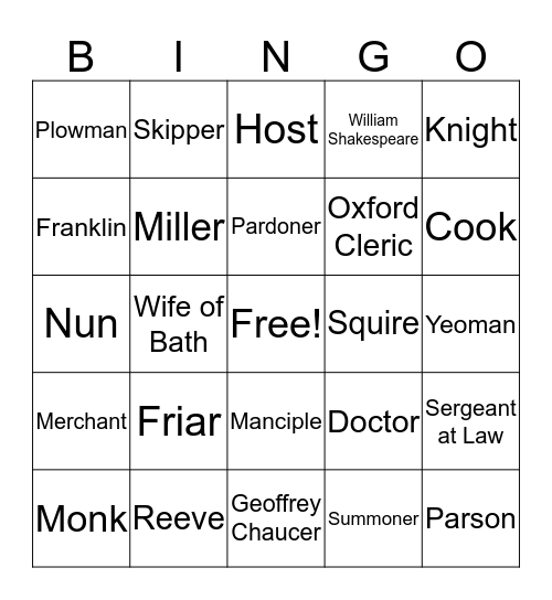 Canterbury Tales Bingo Card