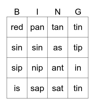 S A T I P N  LETTERS - WORDS Bingo Card