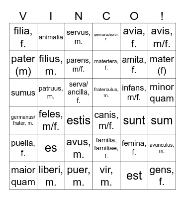 Familia- Unitas III Bingo Card