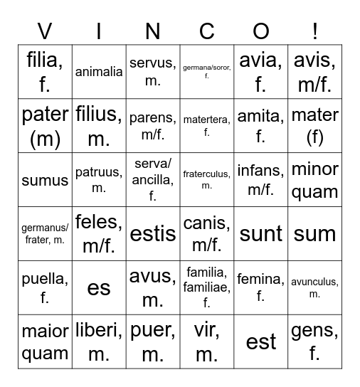 Familia- Unitas III Bingo Card