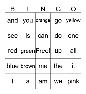 Sight Words Bingo Card