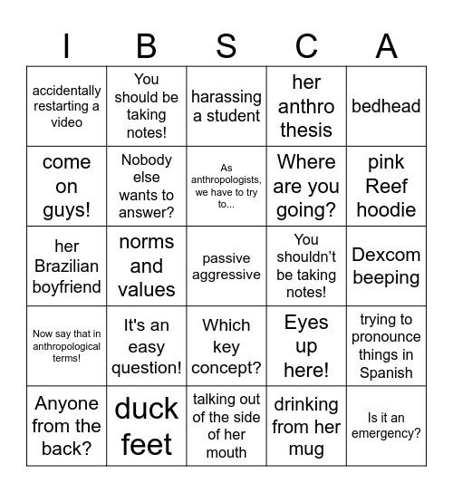 Anthro Bingo Card