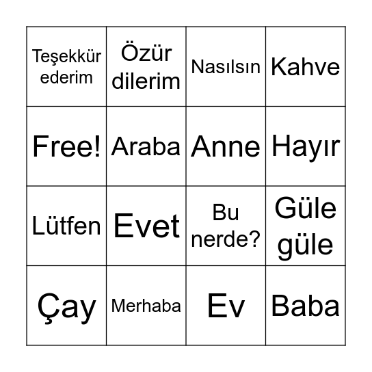 Turkish Bingo Card