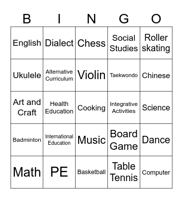 School subjects and School Clubs Bingo Card