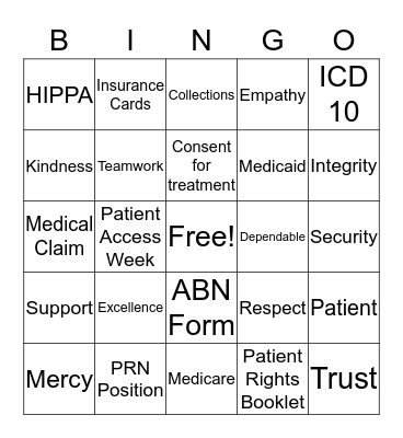 Patient Access Week Bingo Card