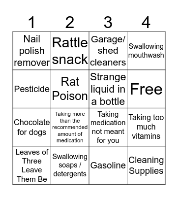 Poison Prevention Bingo Card