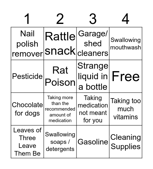 Poison Prevention Bingo Card