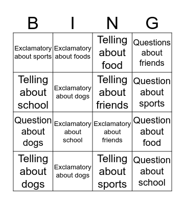 Sentences Bingo Card