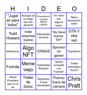 Bingo de los Game Awards Bingo Card