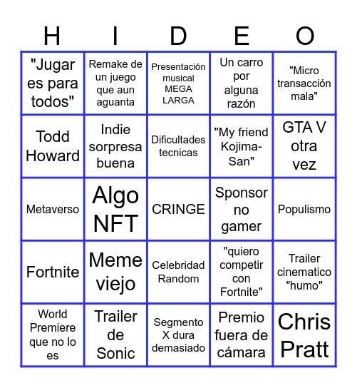 Bingo de los Game Awards Bingo Card