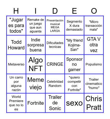 Bingo de los Game Awards Bingo Card