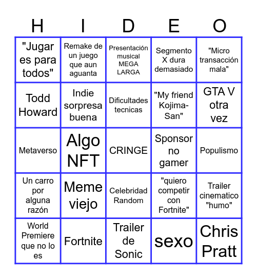 Bingo de los Game Awards Bingo Card