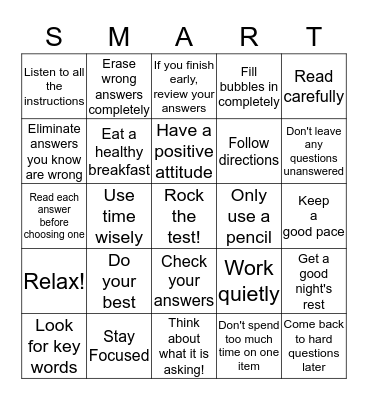 Test Taking Bingo Card