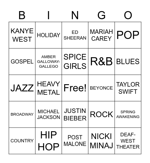 Popular Music Bingo Card