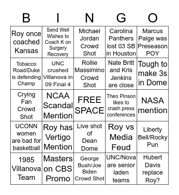 UNC-Villanova TV Bingo Card