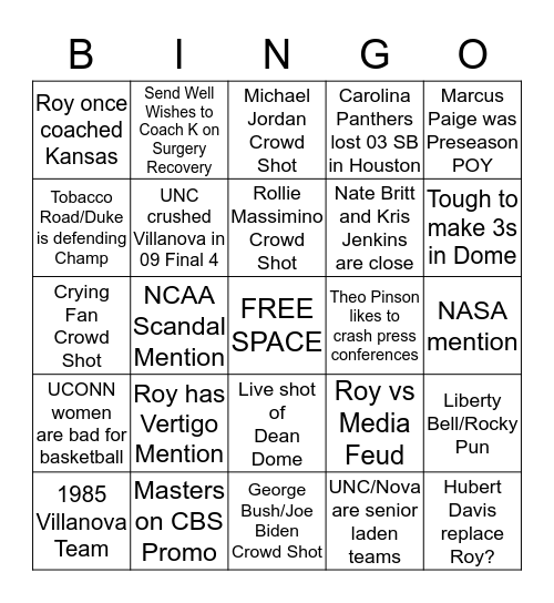 UNC-Villanova TV Bingo Card
