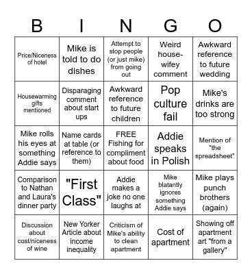 Dinner Party Bingo Card